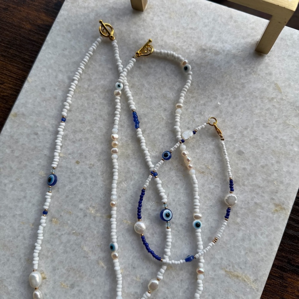 Evil Eye Freshwater Pearl Necklace & Anklet Bundle | Crystal | 3 Piece Set - Picture 5 of 7
